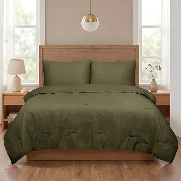 Mainstays 3-Piece Waffle Comforter Set with Matching Shams, Mossy Green, Full/Queen