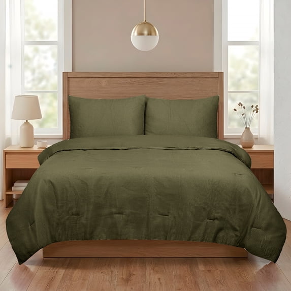 Mainstays 3-Piece Waffle Comforter Set with Matching Shams, Mossy Green, King