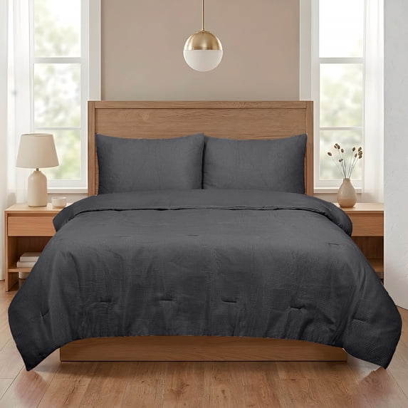 Mainstays 3-Piece Waffle Comforter Set with Matching Shams, Full/Queen, Greystone