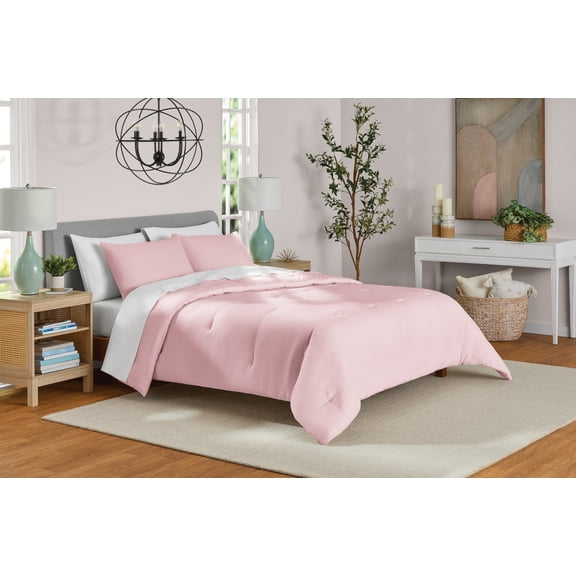 Mainstays 3-Piece Waffle Comforter Set with Matching Shams, Pink Dusk, Full/Queen