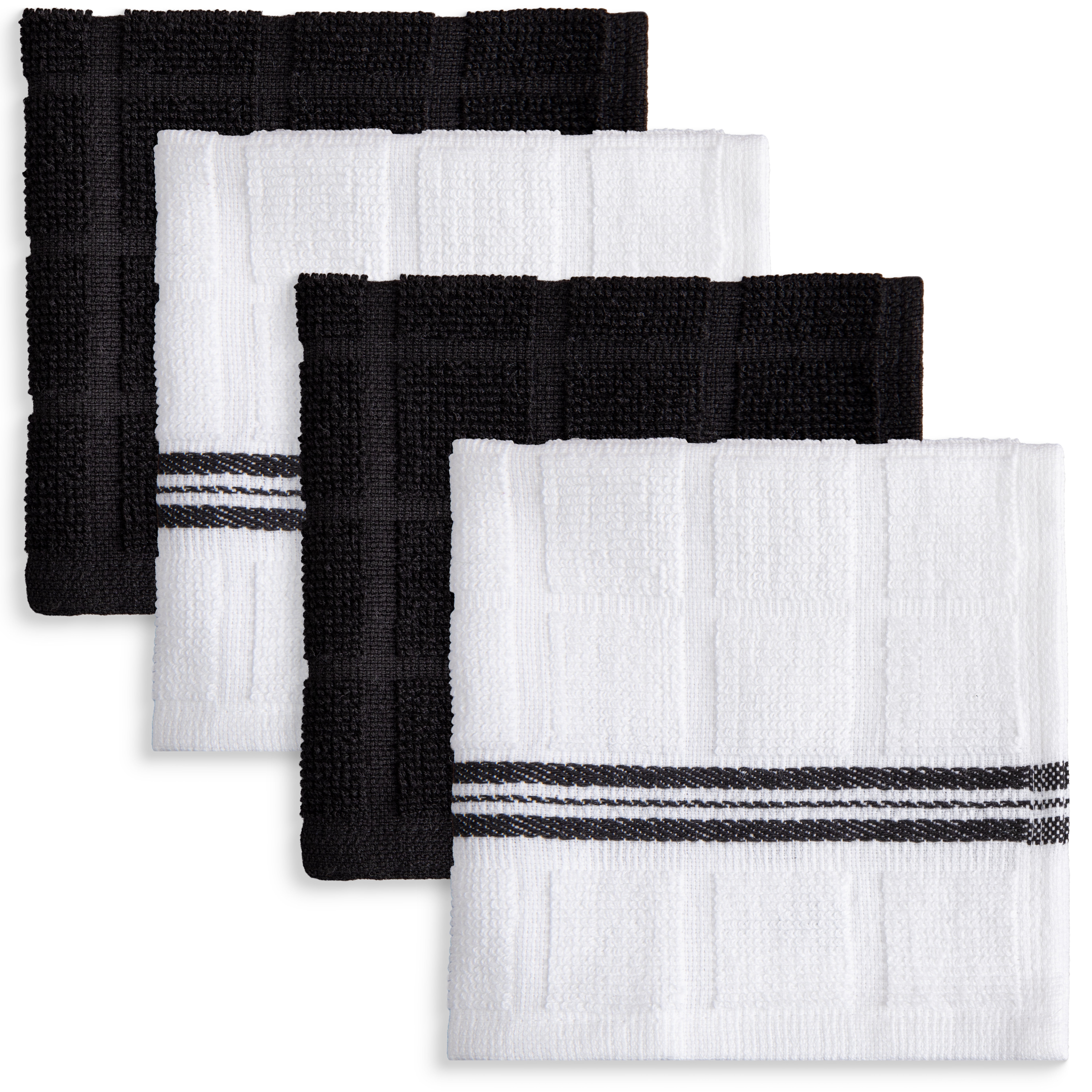 Mainstays Cotton Dishcloths, Black & White Stripe, 12 x 12 Inches, 4 Pack