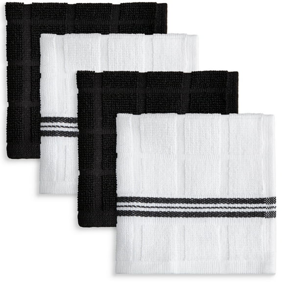 Mainstays 100% Cotton Striped Dishcloths, 4 Pieces, 12 in x 12 in, Black and White