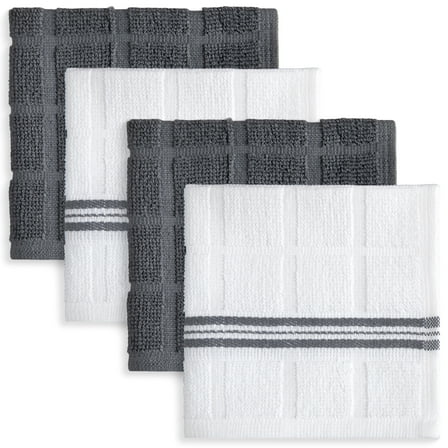 Mainstays 100% Cotton Striped Dishcloths, 4 Pieces, 12 in x 12 in, Gray and White
