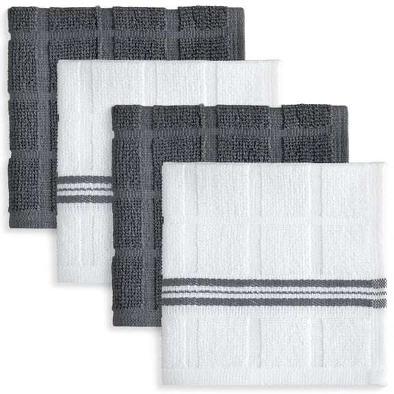 Mainstays 100% Cotton Striped Dishcloths, 4 Pieces, 12 in x 12 in, Gray and White