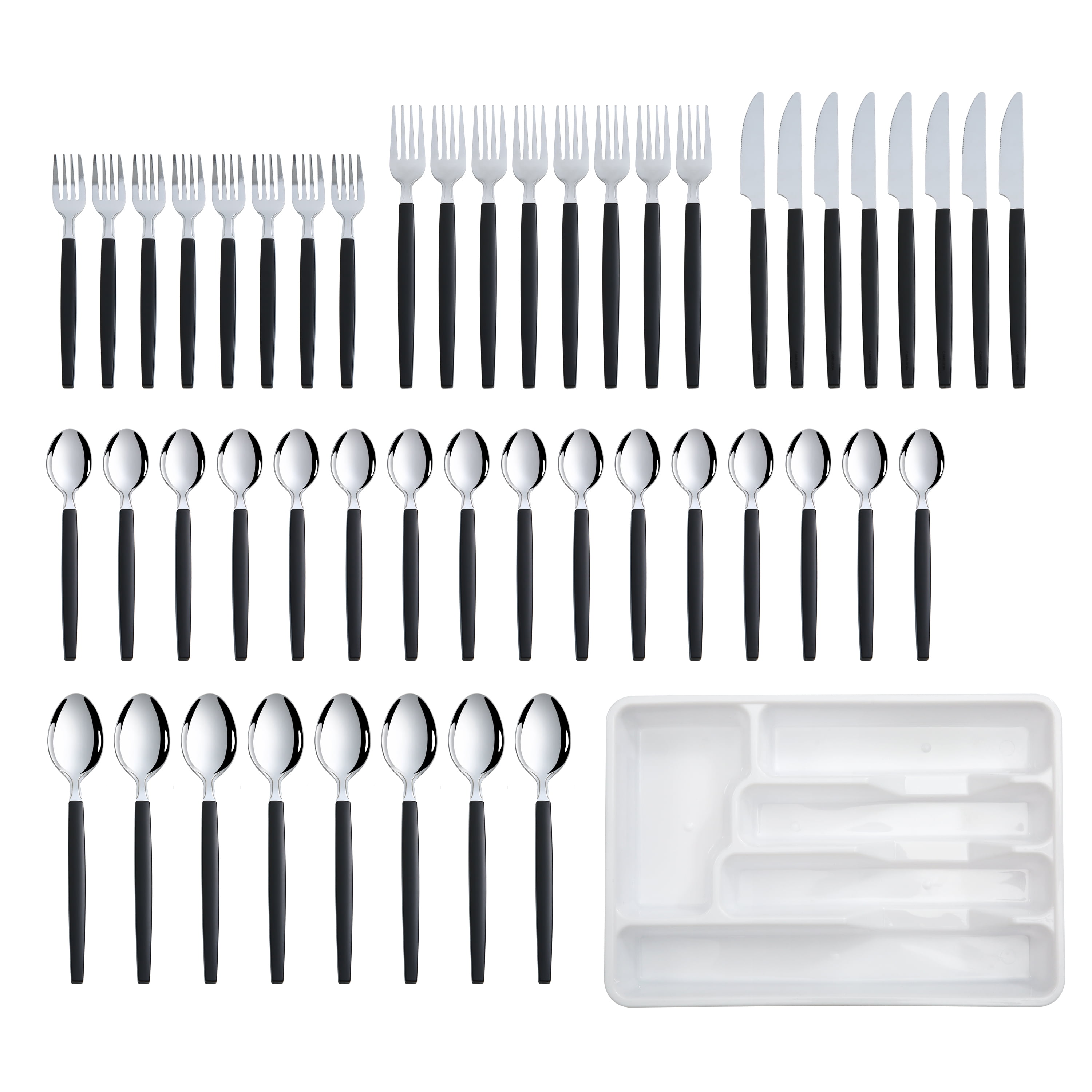 Mainstays 49-Piece Flatware Set with Black Stainless Steel and Organizer Tray Service for 8