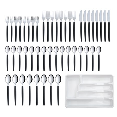 Mainstays 49 Piece Stainless Steel and Black Plastic Flatware Set with Organizer Tray, Service for 8