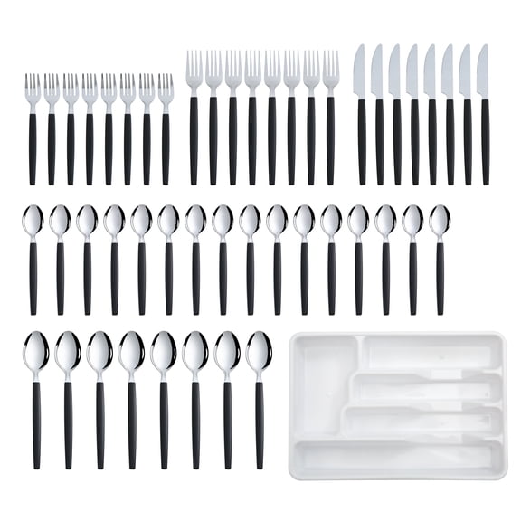 Mainstays 49 Piece Stainless Steel and Black Plastic Flatware Set with Organizer Tray, Service for 8