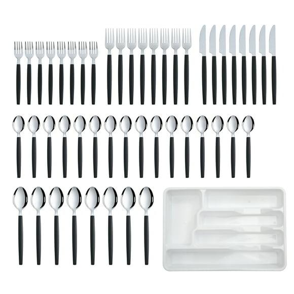 Mainstays 49-Piece Flatware Set with Black Stainless Steel and Organizer Tray Service for 8