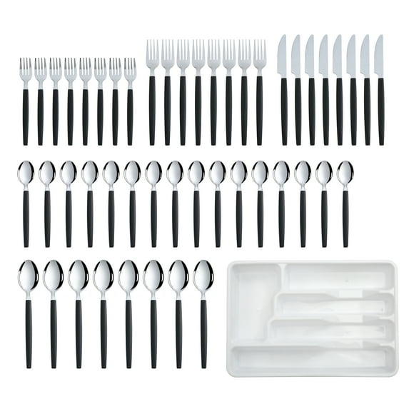 Mainstays 49-Piece Flatware Set with Black Stainless Steel and Organizer Tray Service for 8