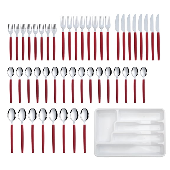 Mainstays 49 Piece Stainless Steel and Plastic Flatware Set with Tray, Niccole Red, Service for 8 Adult