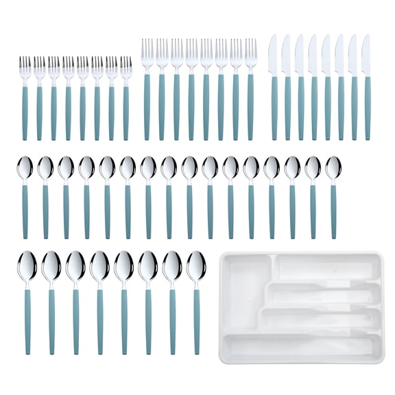 Mainstays 49-Piece Teal Blue Stainless Steel Flatware Set with Plastic Tray, Service for 8