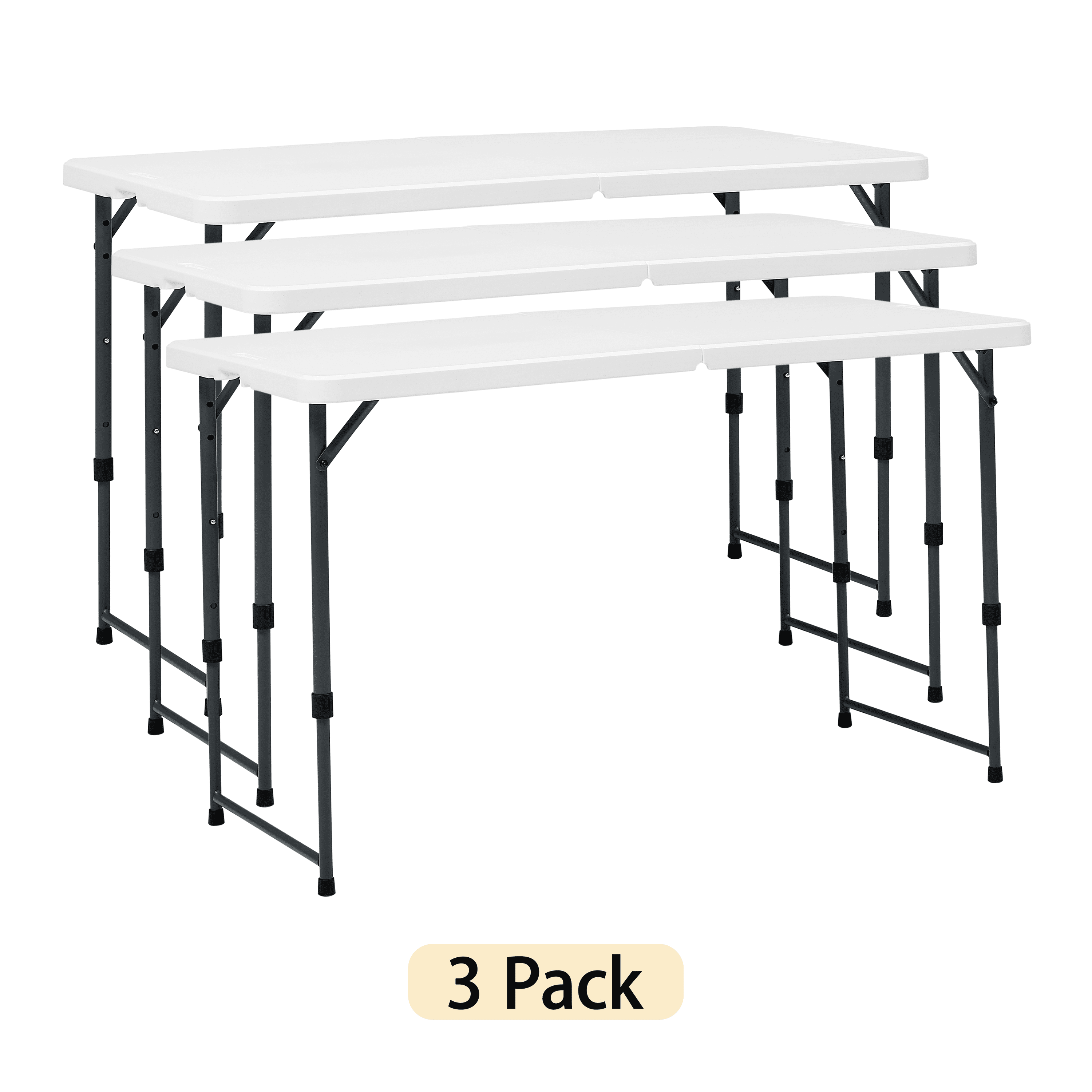 Mainstays 4 Foot Adjustable Height Folding Plastic Table, White, 3-Pack
