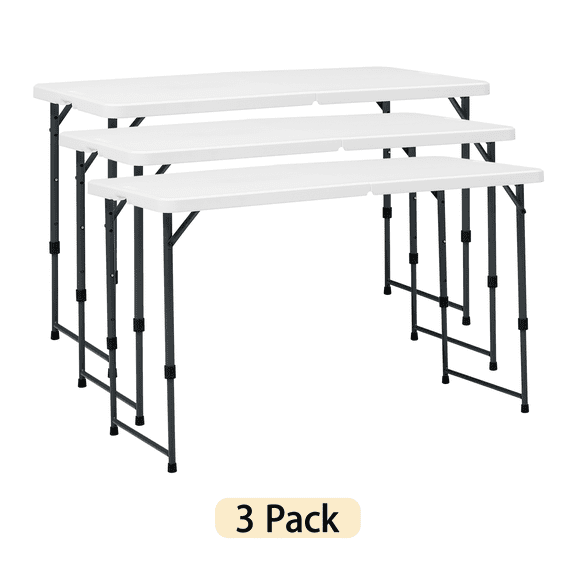Mainstays 4 Foot Adjustable Height Folding Plastic Table, White, 3-Pack