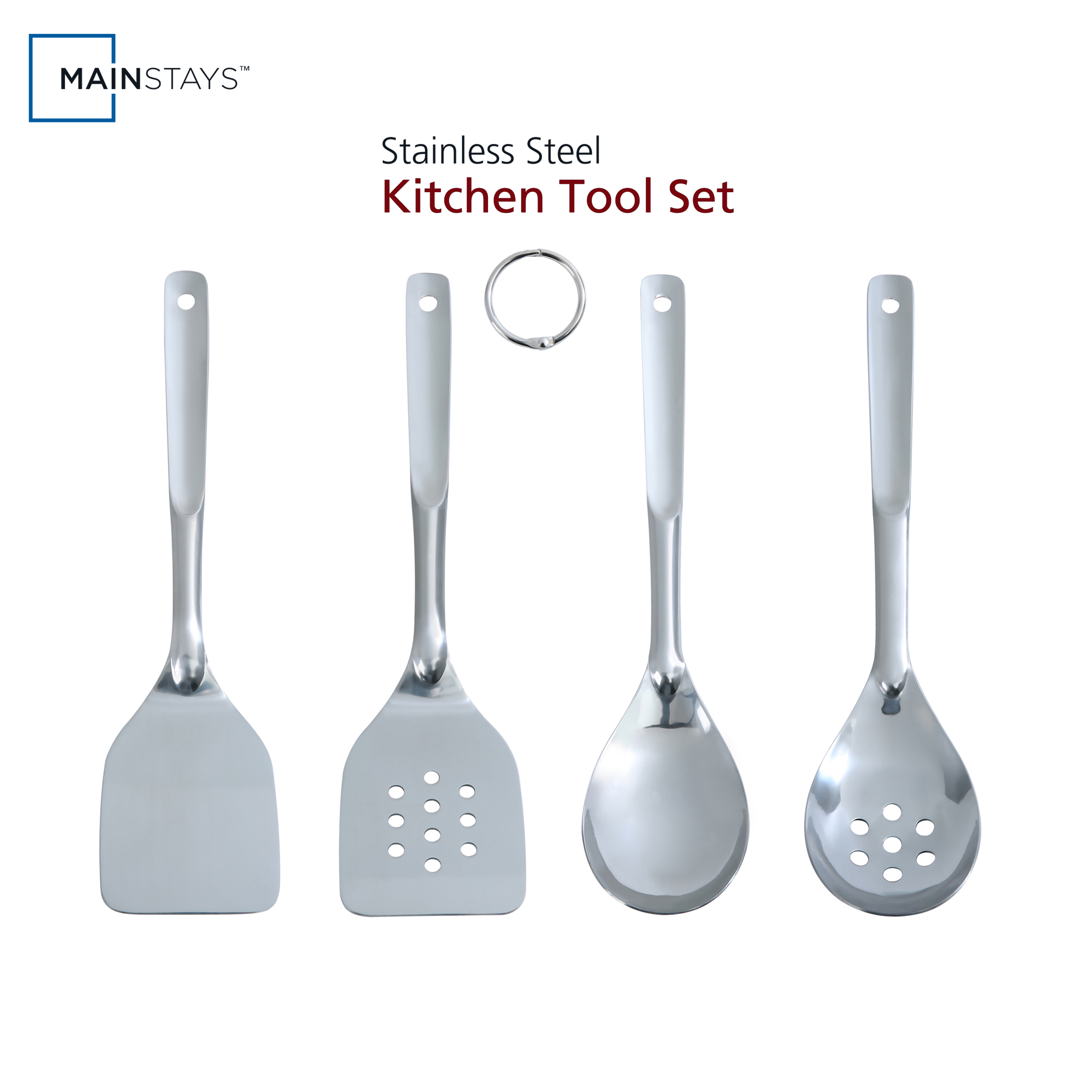 Mainstays Stainless Steel 4-Piece Utensil Set: Includes Slotted Turner, Solid Turner, Spoon, and Slotted Spoon