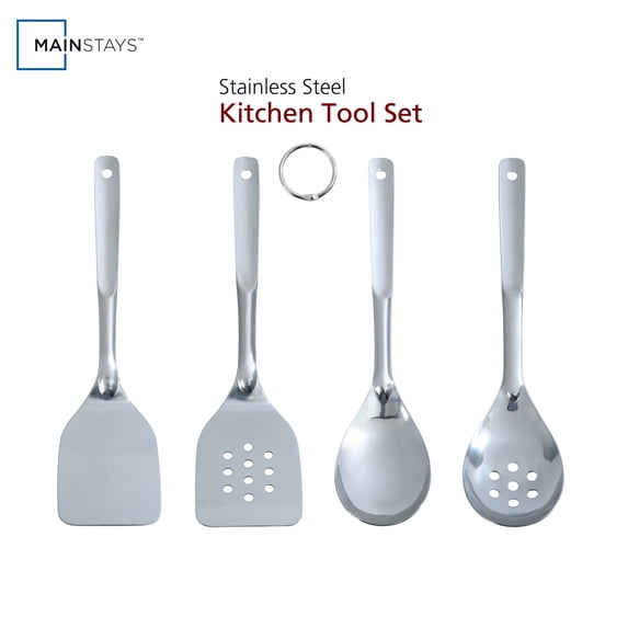 Mainstays Stainless Steel 4-Piece Utensil Set: Includes Slotted Turner, Solid Turner, Spoon, and Slotted Spoon
