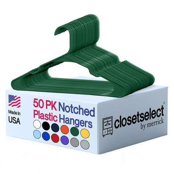 Closetselect Plastic Notched Adult Hangers for Any Clothing Type, Carpet Green 50 Count