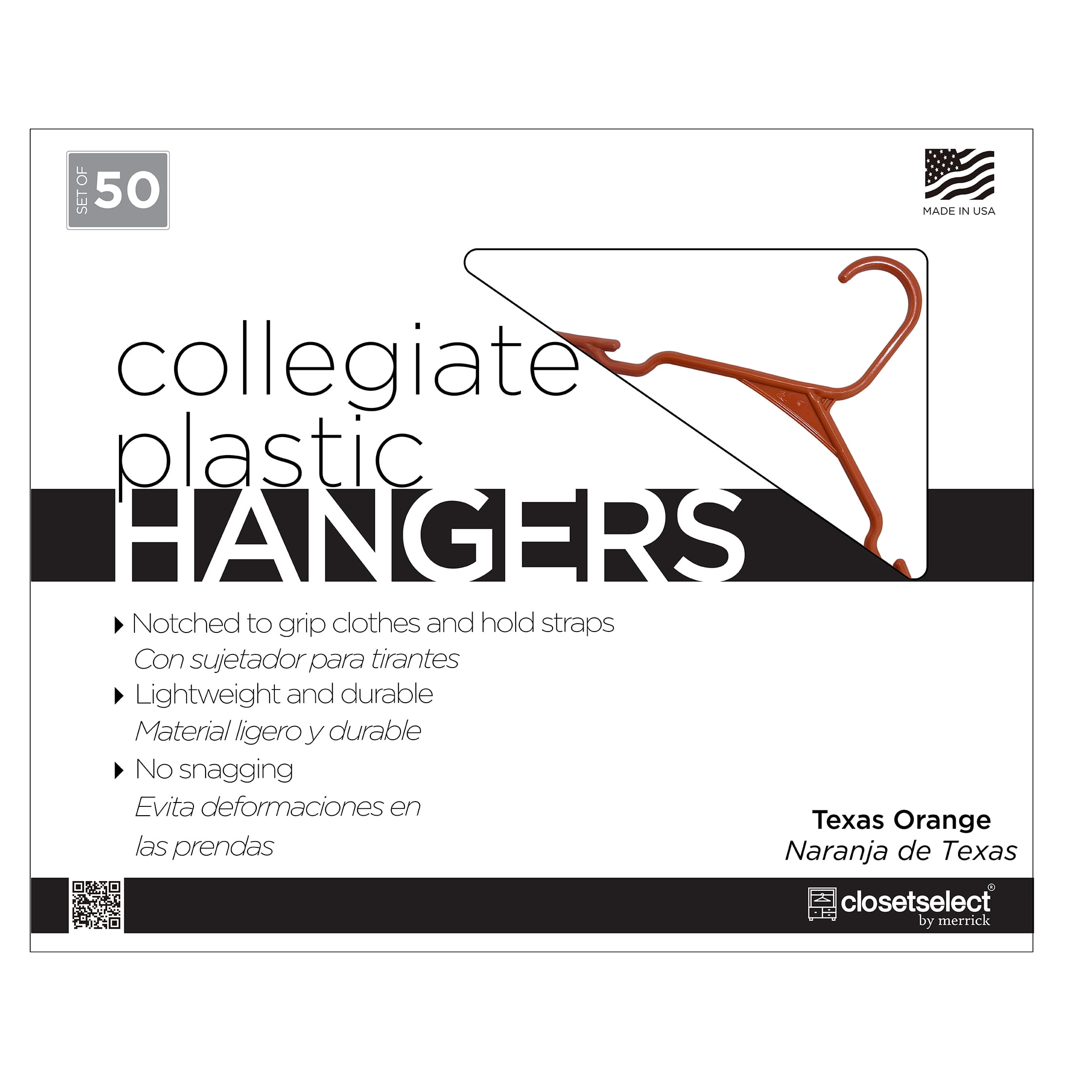 Closetselect Plastic Notched Adult Hangers for Any Clothing Type, Texas Orange 50 Count