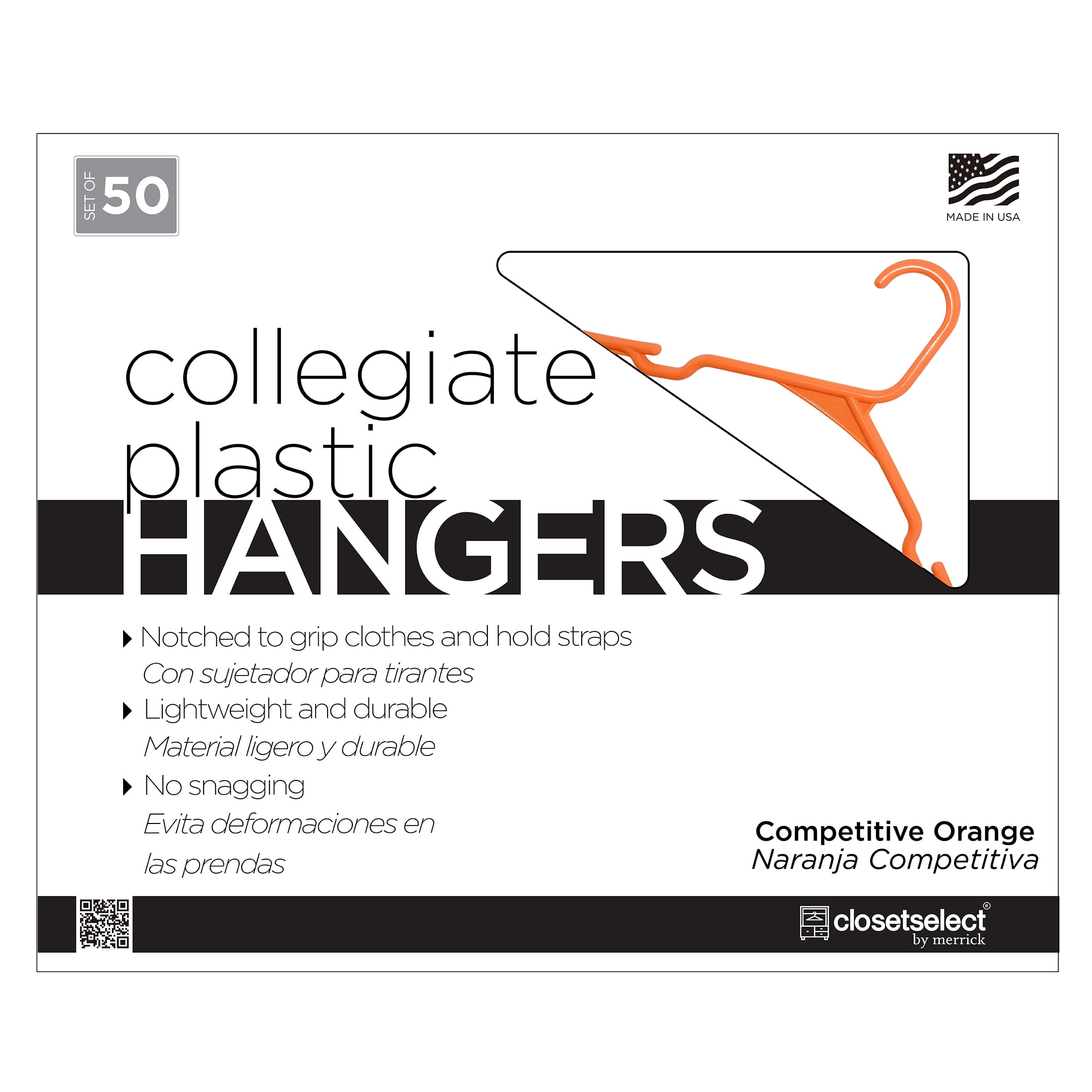 Closetselect Plastic Notched Adult Hangers for Any Clothing Type, Competitive Orange 50 Count
