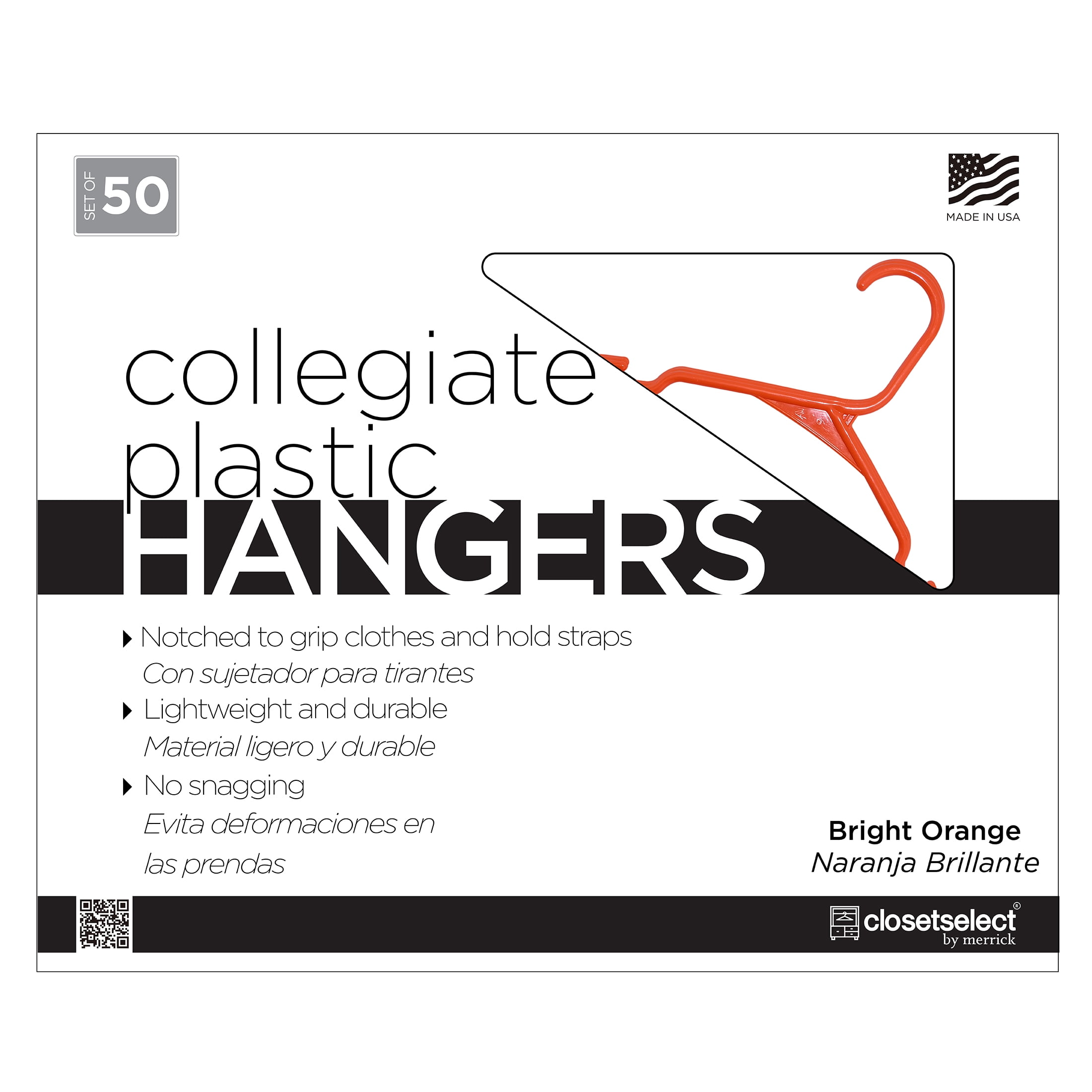 Closetselect Plastic Notched Adult Hangers for Any Clothing Type, Bright Orange 50 Count