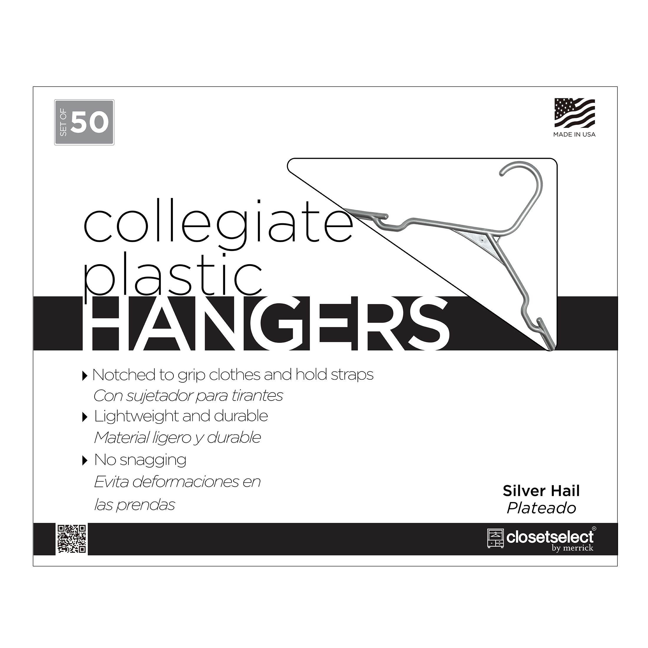 Closetselect Plastic Notched Adult Hangers for Any Clothing Type, Silver Hail 50 Count