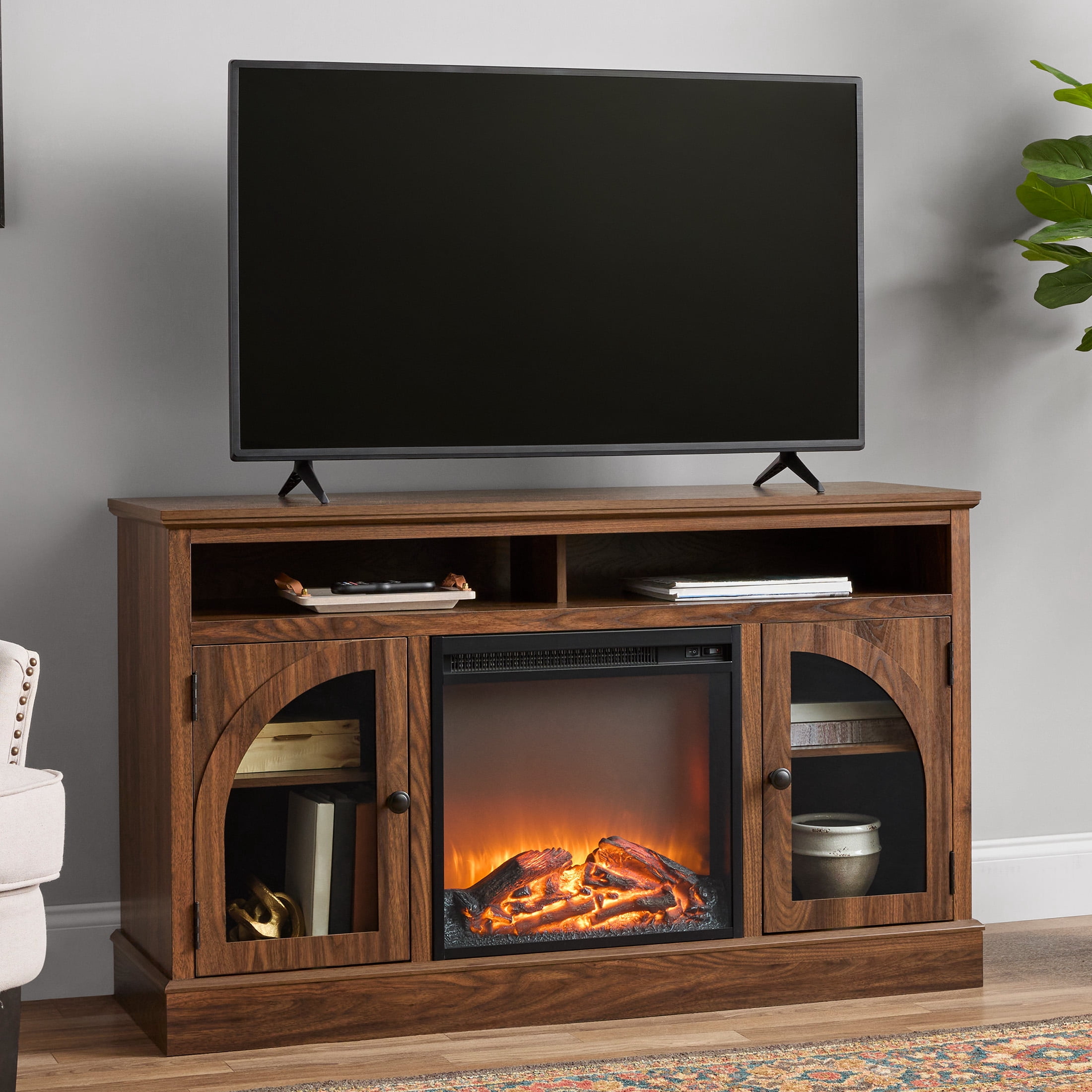 Mainstays Arched Door Fireplace TV Stand for TVs up to 55 in, Canyon Walnut