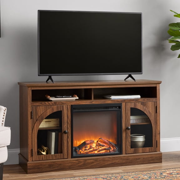 Mainstays Arched Door Fireplace TV Stand for TVs up to 55 in, Canyon Walnut