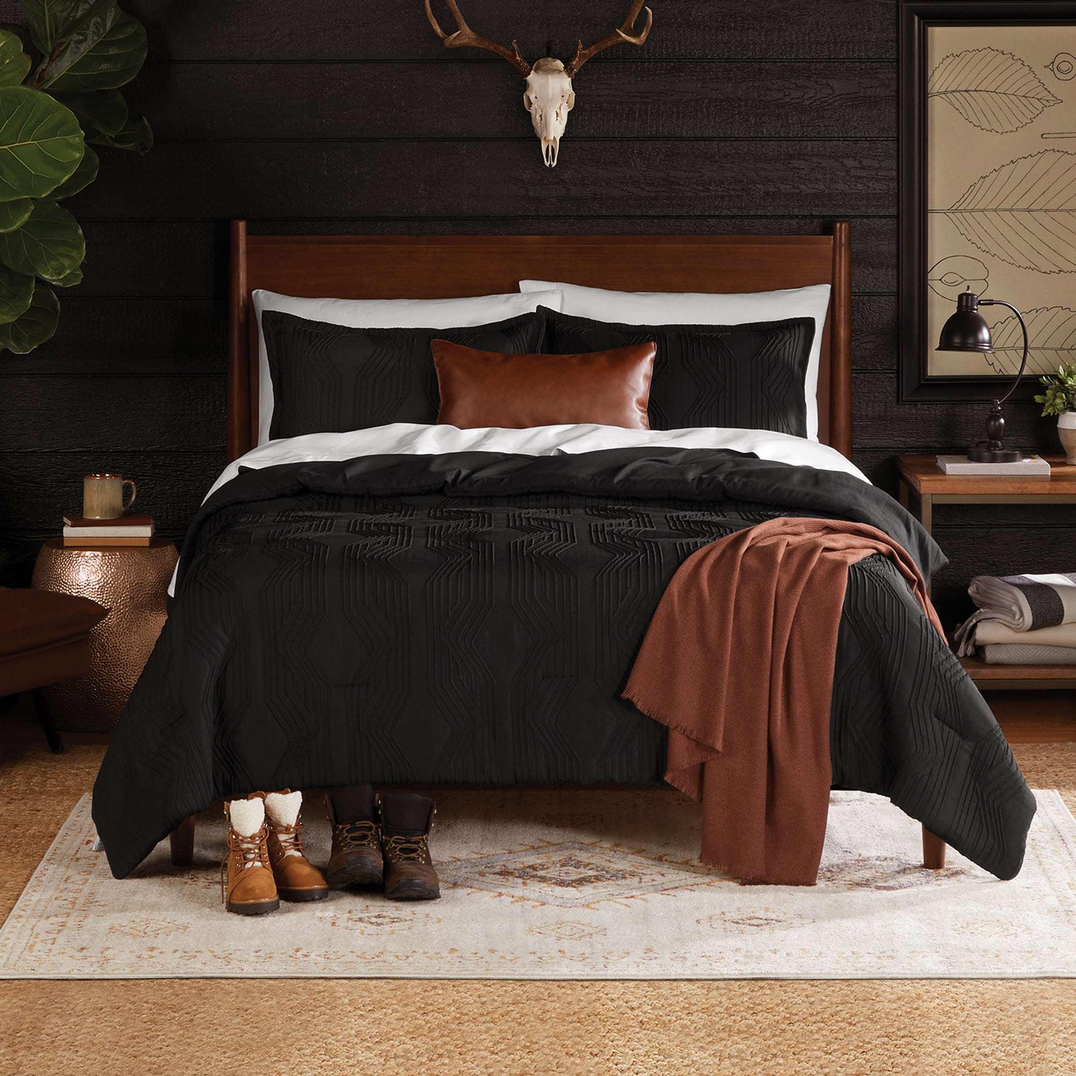 Mainstays King Comforter Set, All-Season, 5-Piece, Black Jacquard Geo