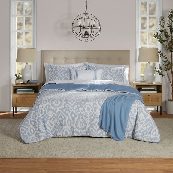 Mainstays King Comforter Set, All-Season, 5-Piece, Blue Matelasse Ikat