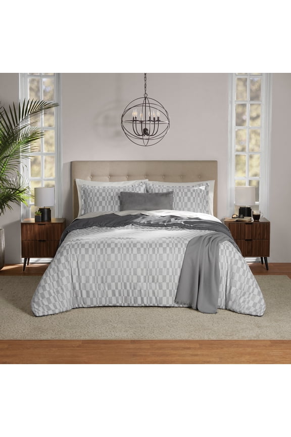 King Comforter Set, All-Season, 5-Piece, Soft Silver Check