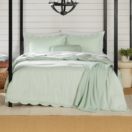Mainstays King Comforter Set, All-Season, 5-Piece, Sage Pick Stitch Scallop