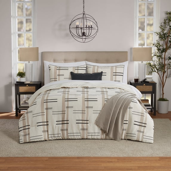 Mainstays King Comforter Set, All-Season, 5-Piece, Tan Modern Dash