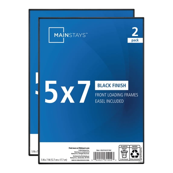 Mainstays 5x7 Picture Frame Black Front Loading Wall or Tabletop Photo Frame, Set of 2