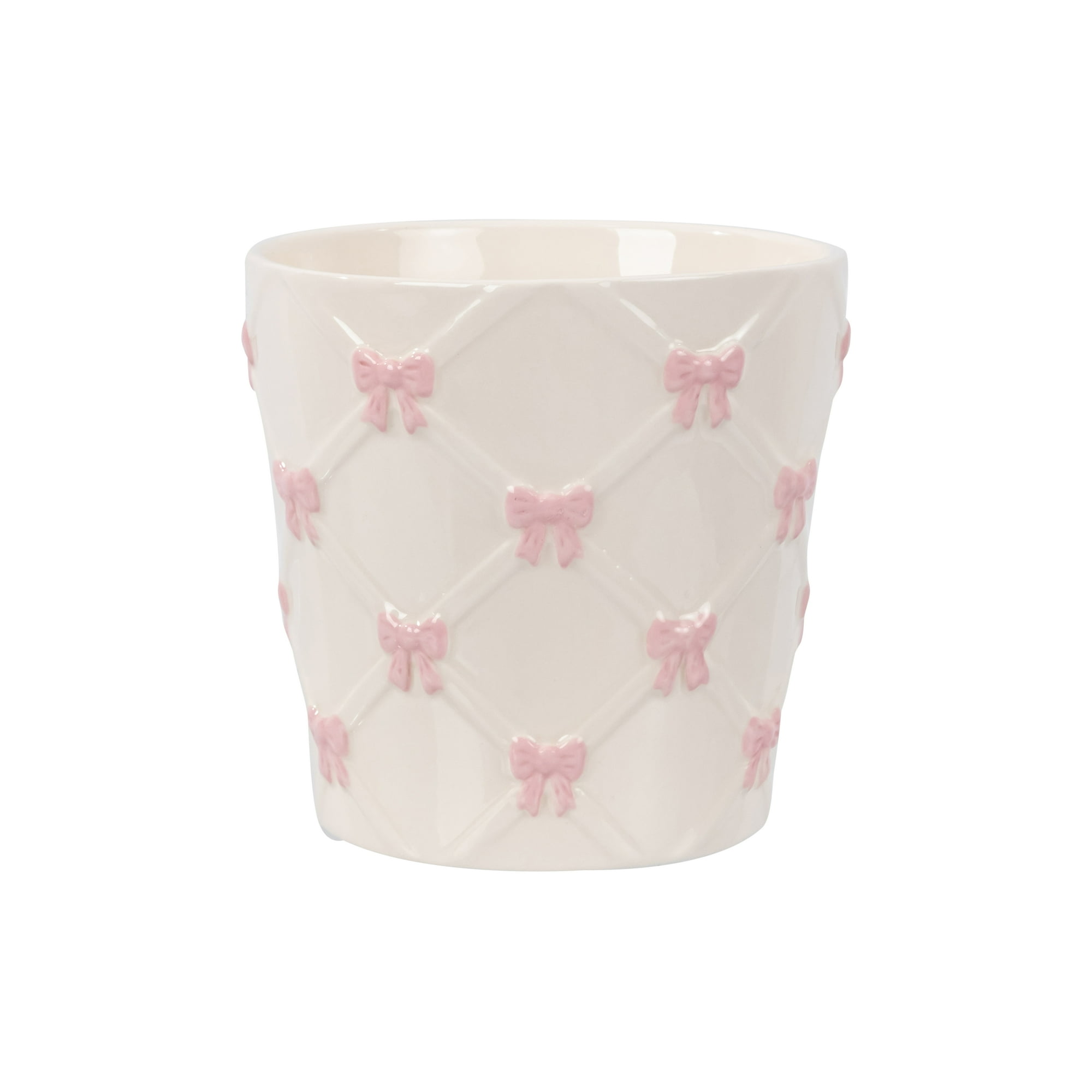 Mainstays 6.25" x 6.25" x 6" Round Cream and Pink Ceramic Bow Planter