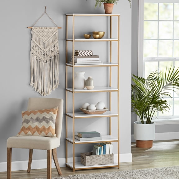 Mainstays 6-Shelf Gold Metal Frame Bookcase, White
