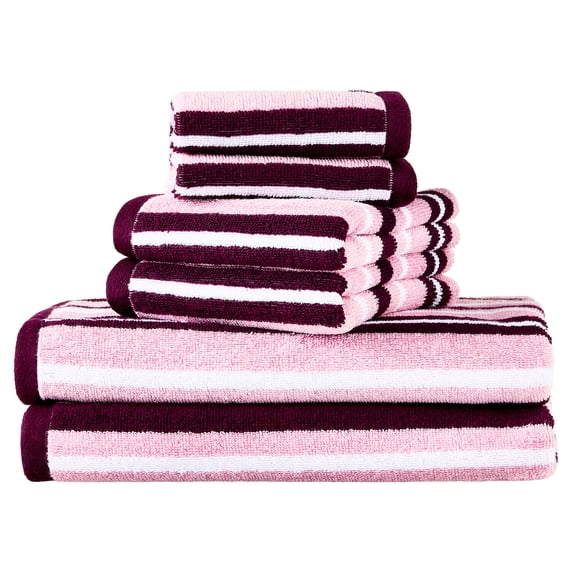 Mainstays 6-Piece Cotton Striped Towel Set, Pink and Red