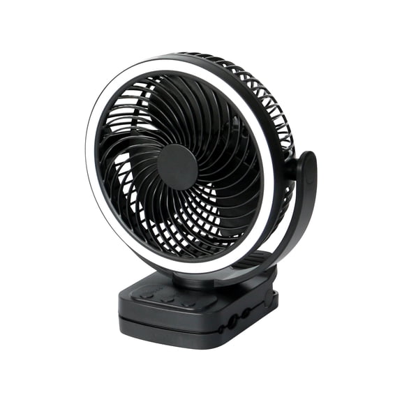 Mainstays 7" 4-speed USB Rechargeable Clip and Table Fan, LED Light and 8H Timer, Black, Model#FN1006