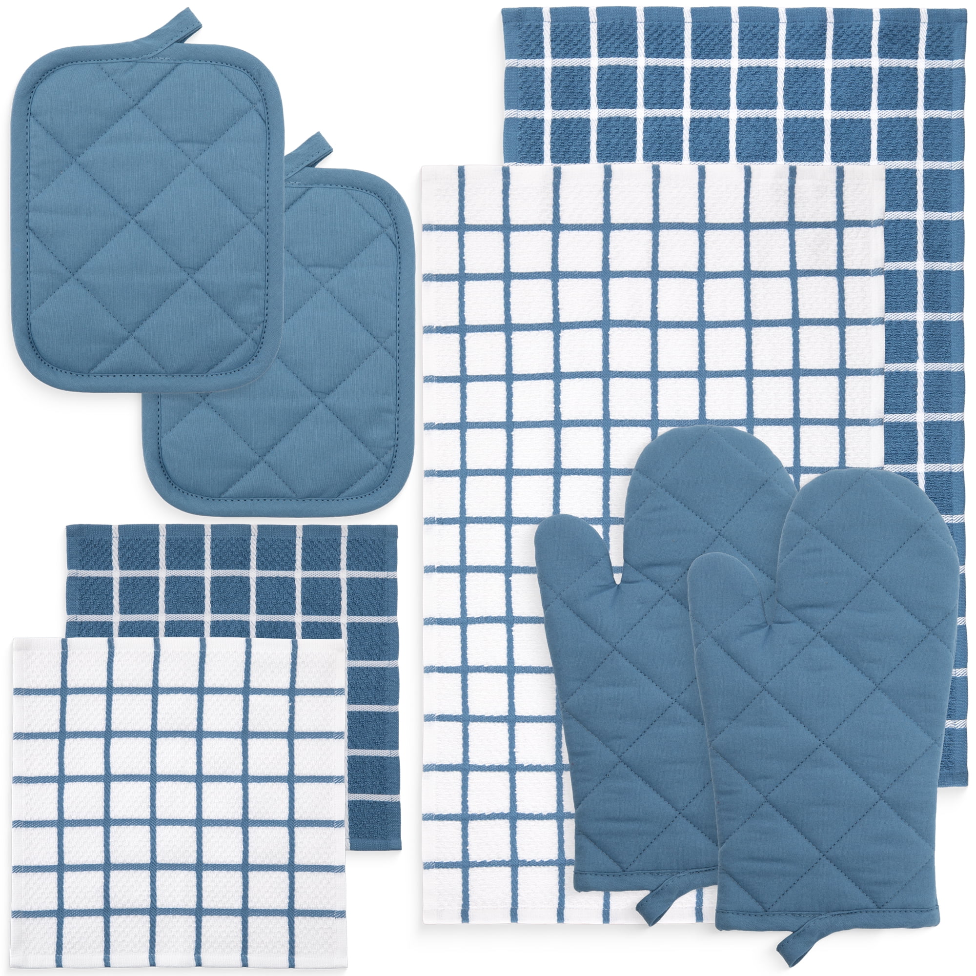 Mainstays Cotton Kitchen Towel, Dishcloth, Oven Mitt, And Potholder Set, 8 Pieces, Blue