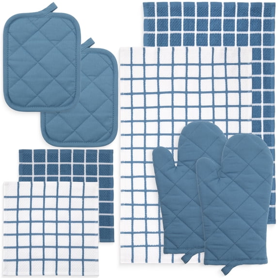 Mainstays Cotton Kitchen Towel, Dishcloth, Oven Mitt, And Potholder Set, 8 Pieces, Blue