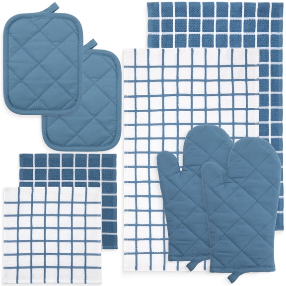 Mainstays Cotton Kitchen Towel, Dishcloth, Oven Mitt, And Potholder Set, 8 Pieces, Blue