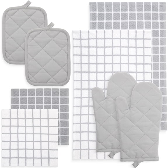 Mainstays Cotton Kitchen Towel, Dishcloth, Oven Mitt, and Potholder Set, Gray, 8 Pieces