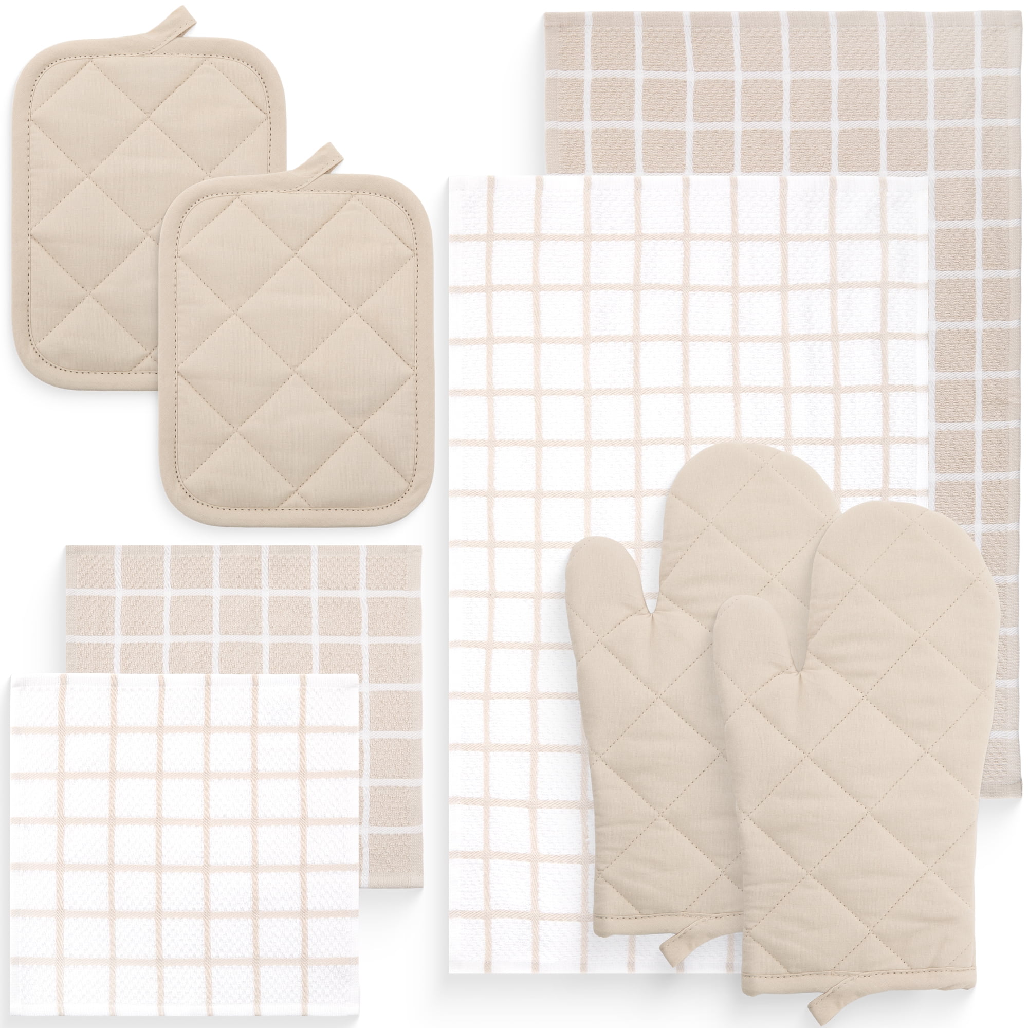 Mainstays Cotton Kitchen Towel, Dishcloth, Oven Mitt, and Potholder Set, Tan, 8 Pieces