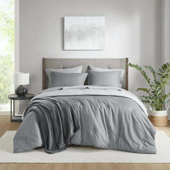 Mainstays 8-Piece Bed in a Bag Comforter Set with Sheets and Blanket, Grey, King