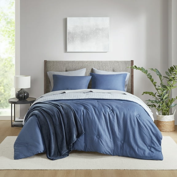 Mainstays 8-Piece Bed in a Bag Comforter Set with Sheets and Blanket, Indigo, King