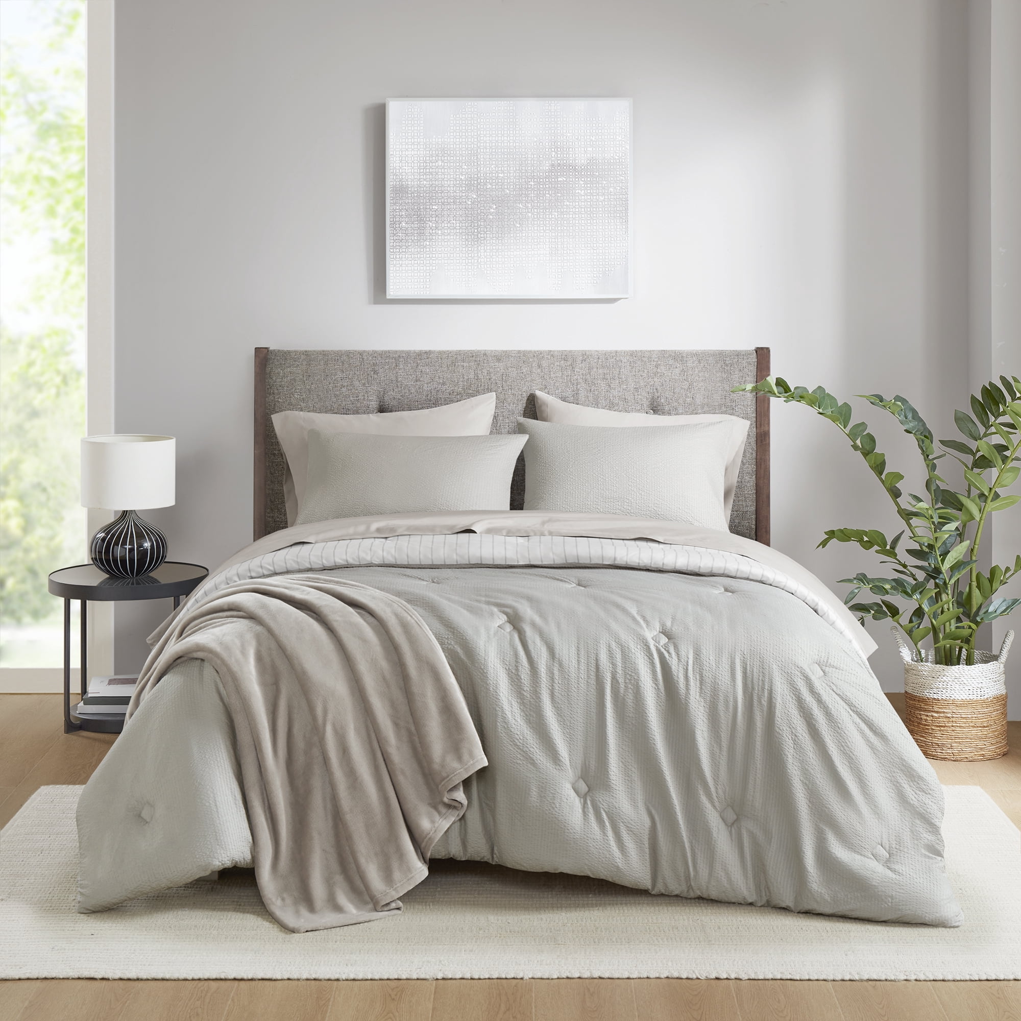 Mainstays 8-Piece Bed in a Bag Comforter Set with Sheets and Blanket, Stone, Queen