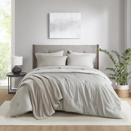 Mainstays 8-Piece Bed in a Bag Comforter Set with Sheets and Blanket, Stone, Queen