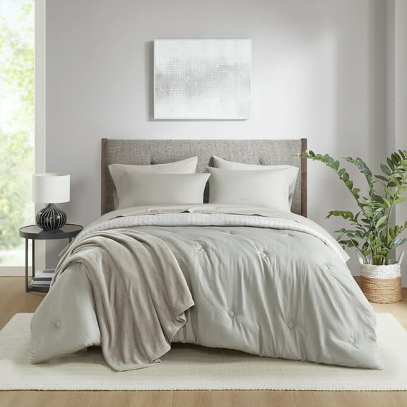 Mainstays 8-Piece Bed in a Bag Comforter Set with Sheets and Blanket, Stone, Queen