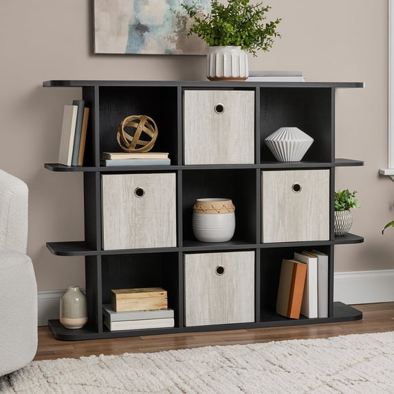 Mainstays 9 Cube Organizer with Side Shelves, Black Wood Grain