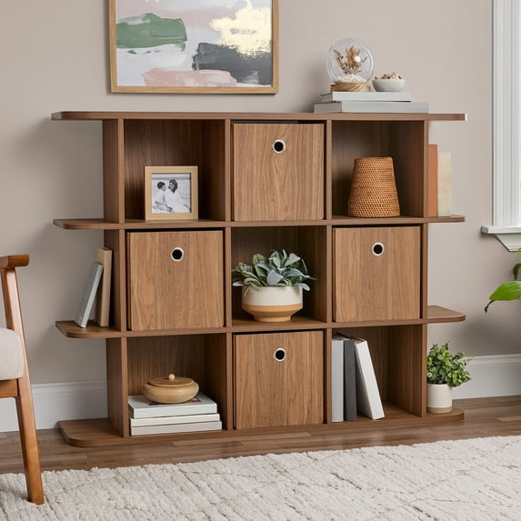 Mainstays 9 Cube Organizer with Side Shelves, Warm Walnut