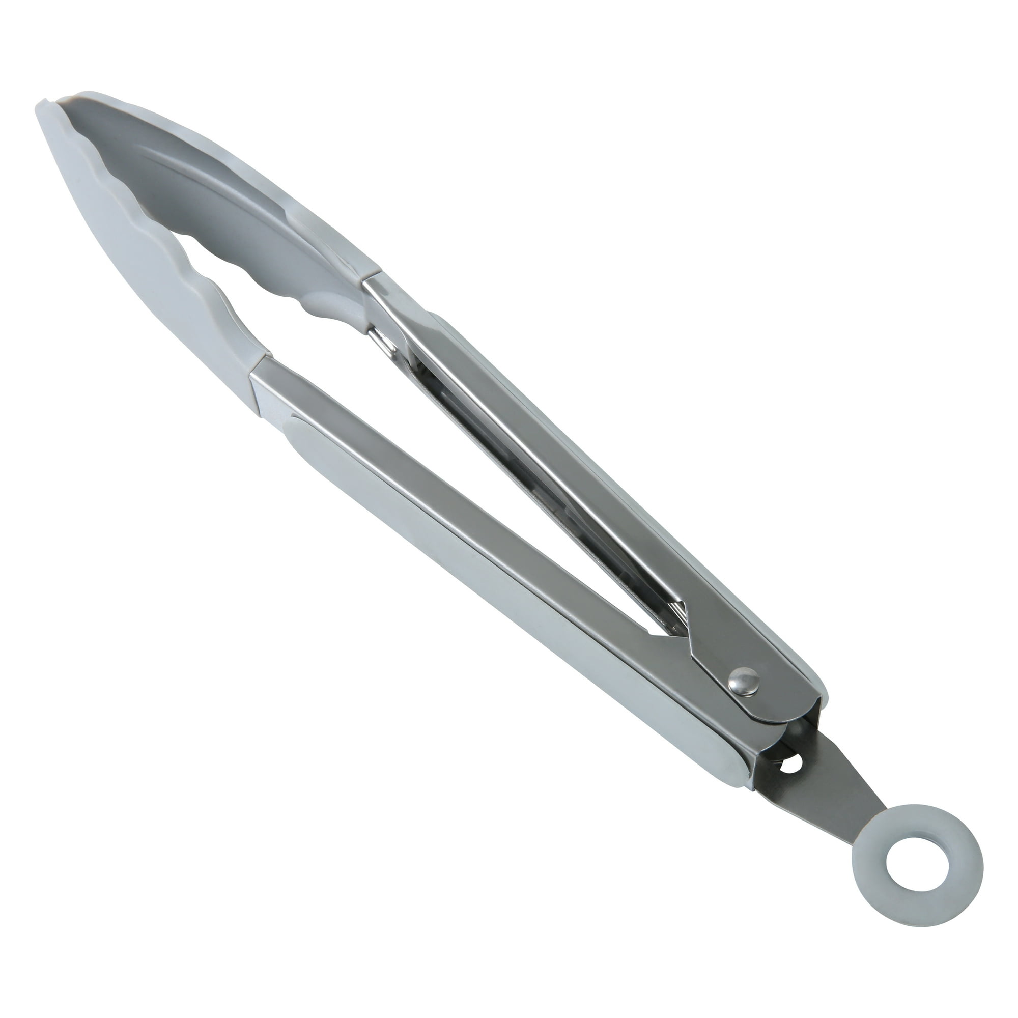 Mainstays 9 Inch Stainless Steel Silicone Locking Tongs with Soft Grip Handle, Grey Flannel