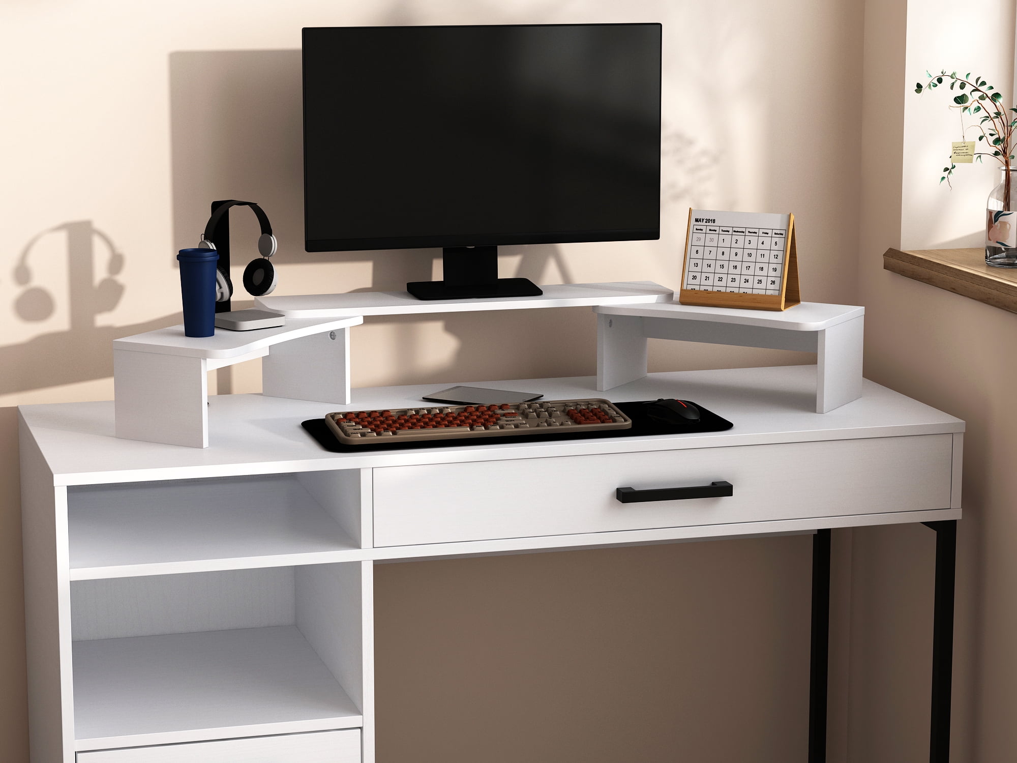 White desk with riser discount